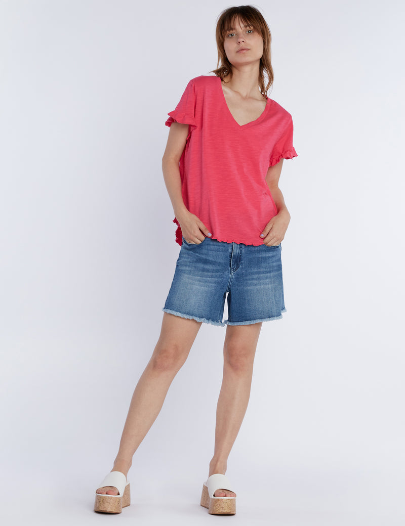 Ruffle V-Neck Tee Pink Kiss Front View
