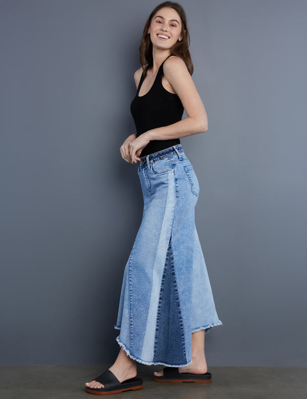 Women's Designer Denim Wash Patchwork Maxi Skirt