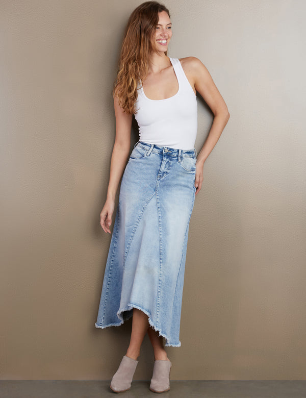 Women's Designer Selma Pieced Denim Maxi Skirt in Light Wash Surf Blue