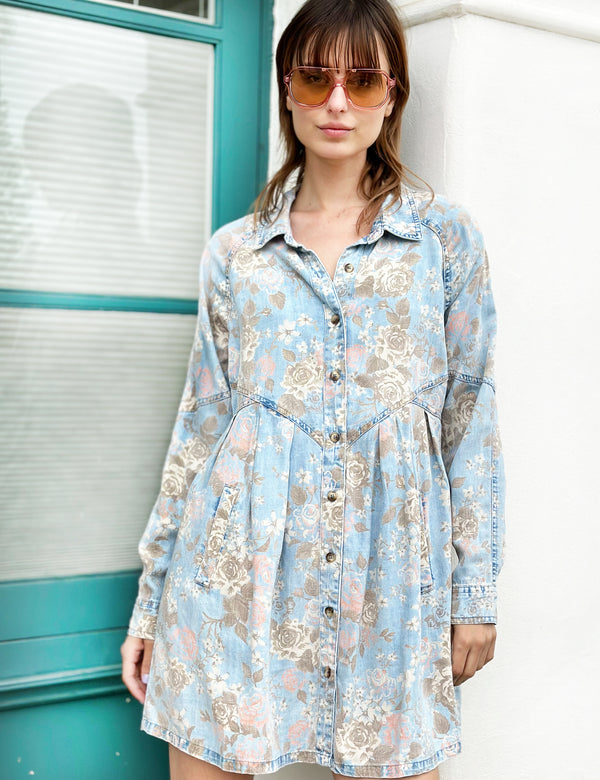 Shorty Rose Printed Denim Dress Front View