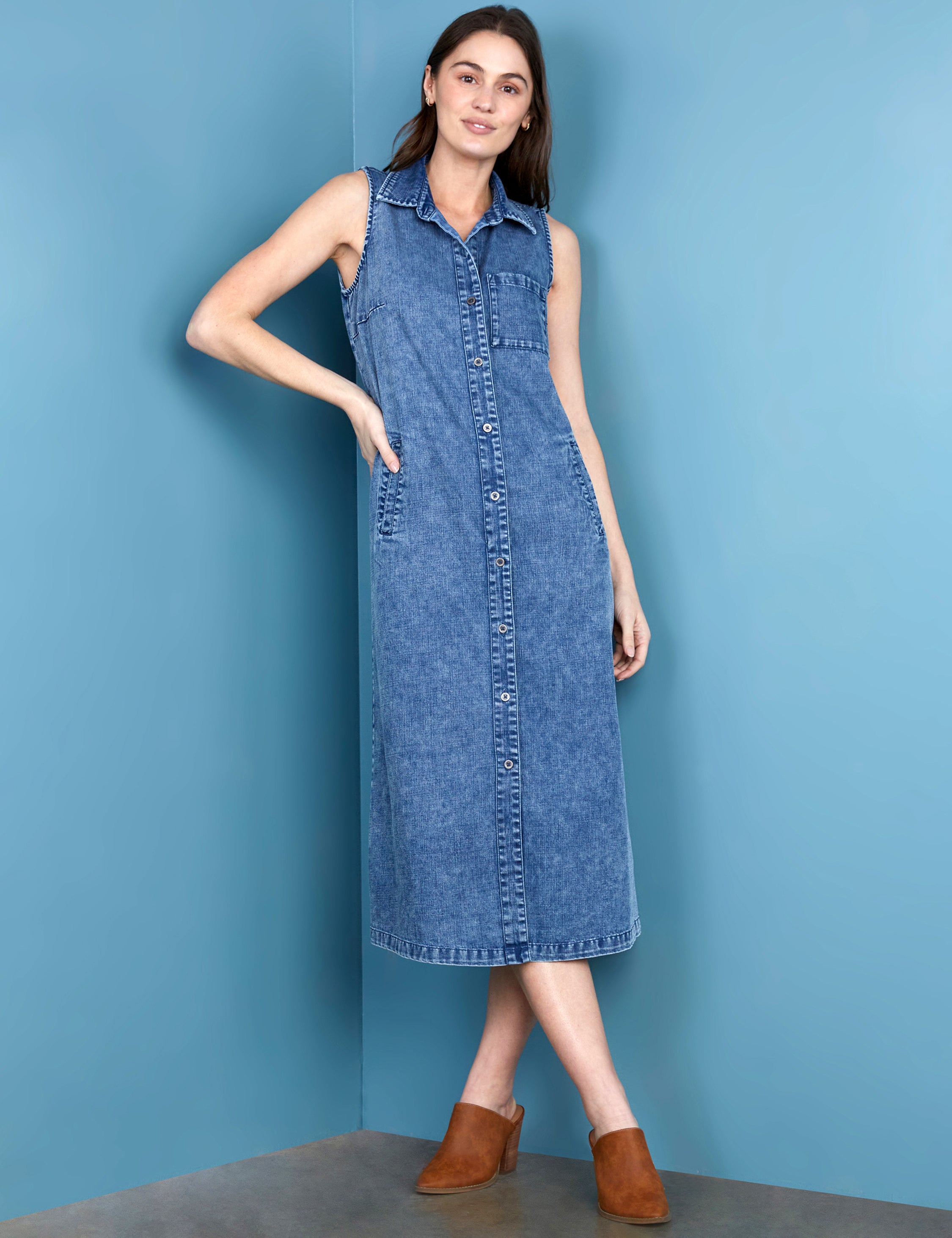 Premium Sleeveless Denim Shirt Dress
