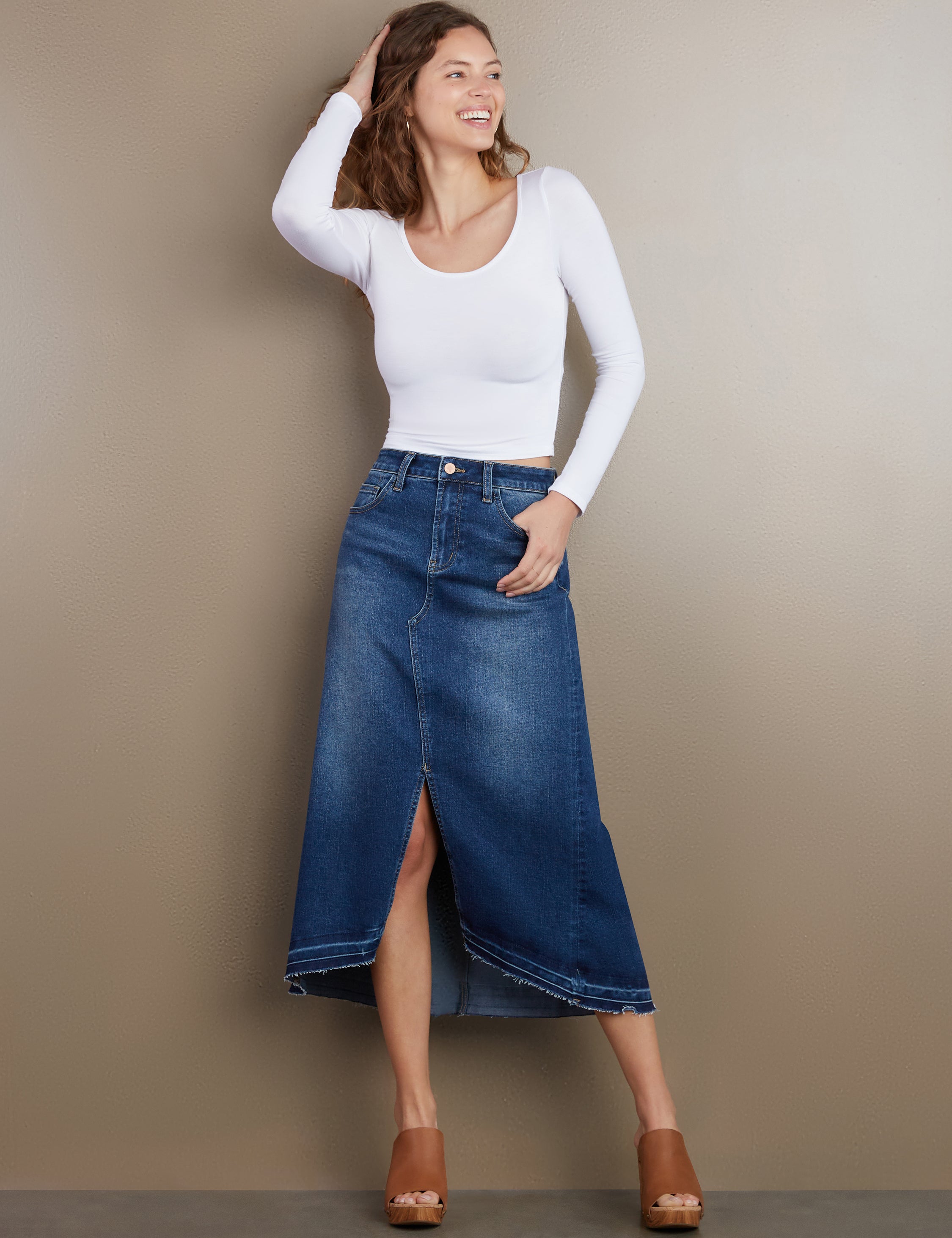 High Waisted Front Slit Denim Skirt main image 0