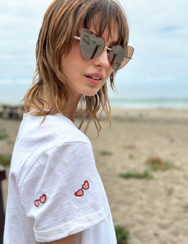 Sunglasses Embroidery White Short Sleeve Tee Side View Close Up