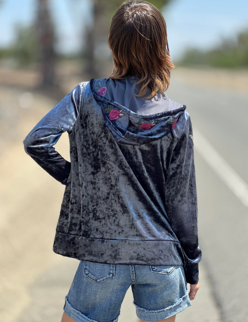 Velvet Embroidered Hoodie Grey Blue Back View
