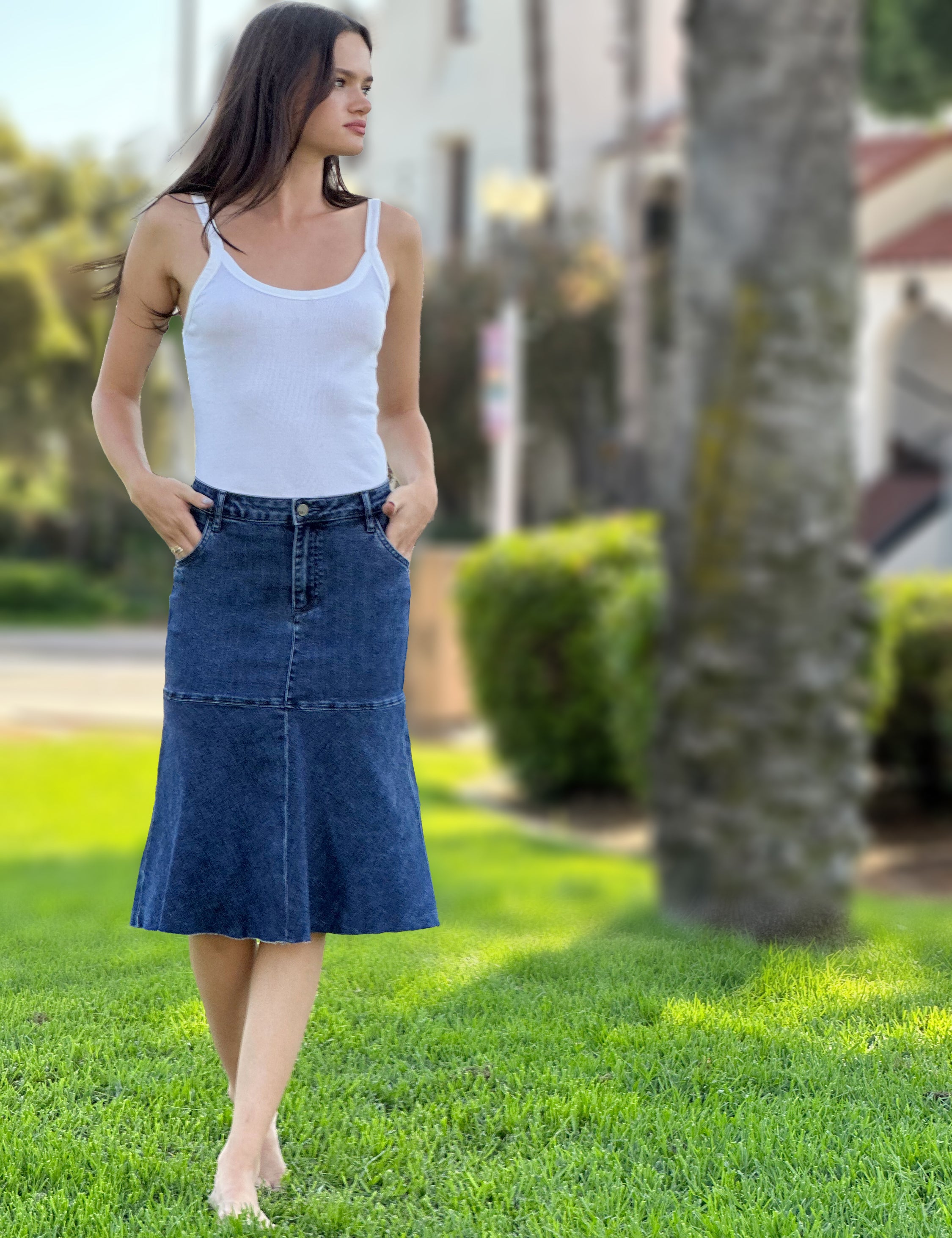 Women's Flare Knee Length Denim Skirt – Billy T – billytshop