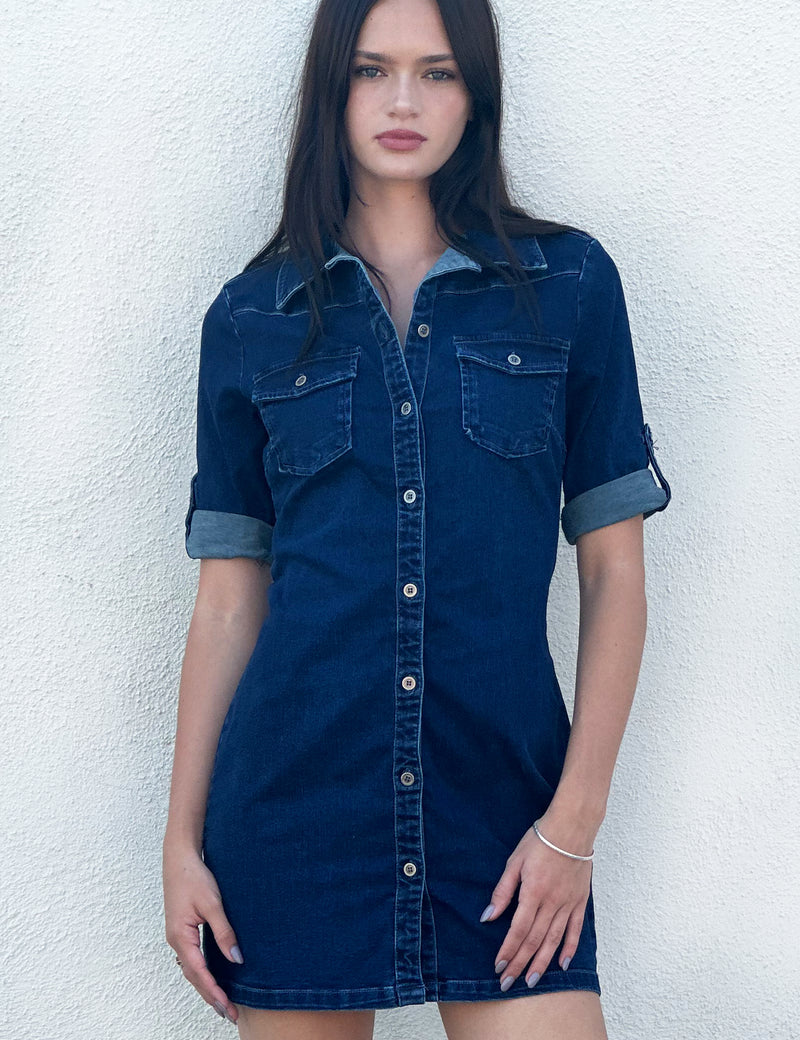 Women's Denim Mini Shirtdress in Dark Blue Front View