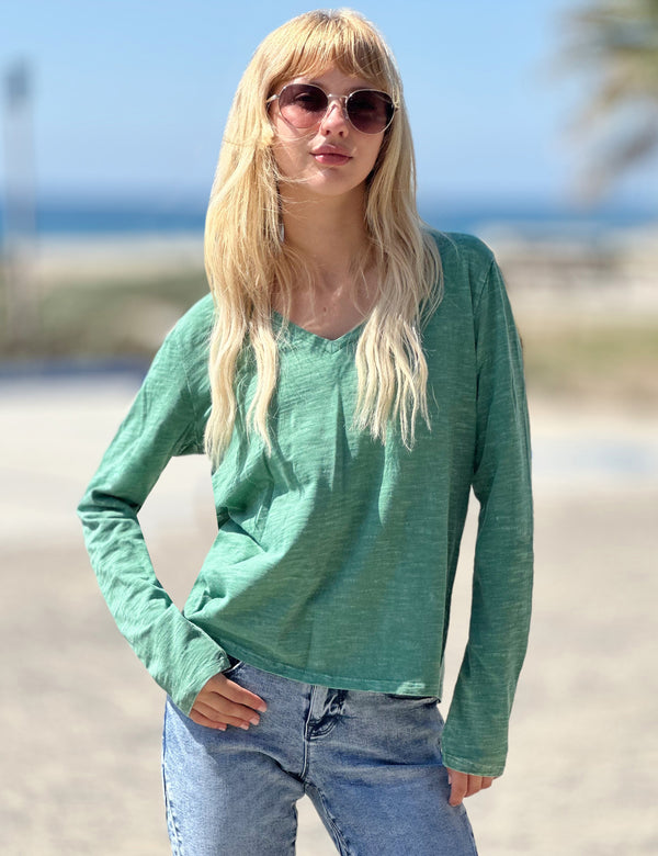 Cotton Slub V Neck Long Sleeve Tee in Spruce Front View