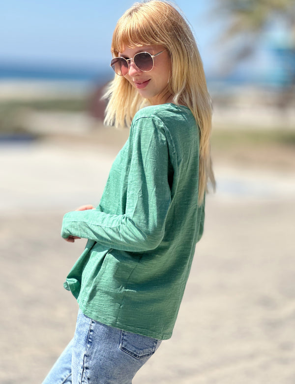 Cotton Slub V Neck Long Sleeve Tee in Spruce Side View