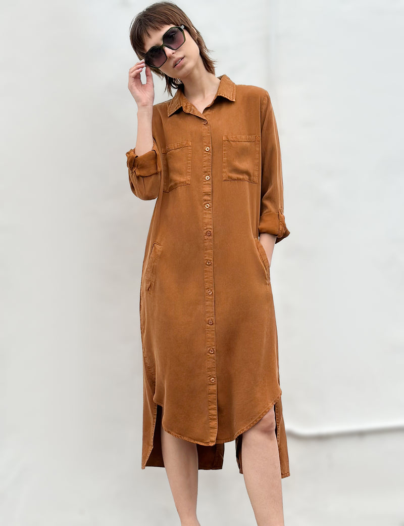 Women's Midi Chill Out Shirtdress in Golden Rust Front View