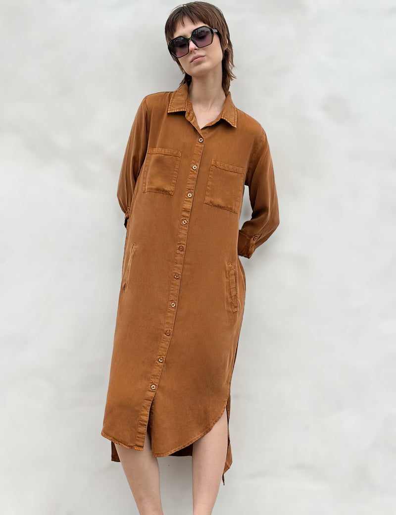 Women's Midi Chill Out Shirtdress in Golden Rust Front View
