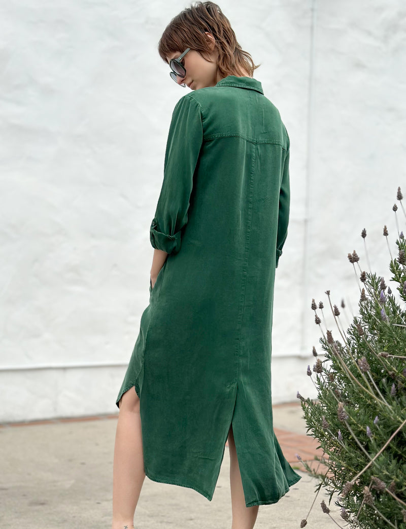 Women's Hi-Lo Chill Out Shirtdress in Rich Green Back View