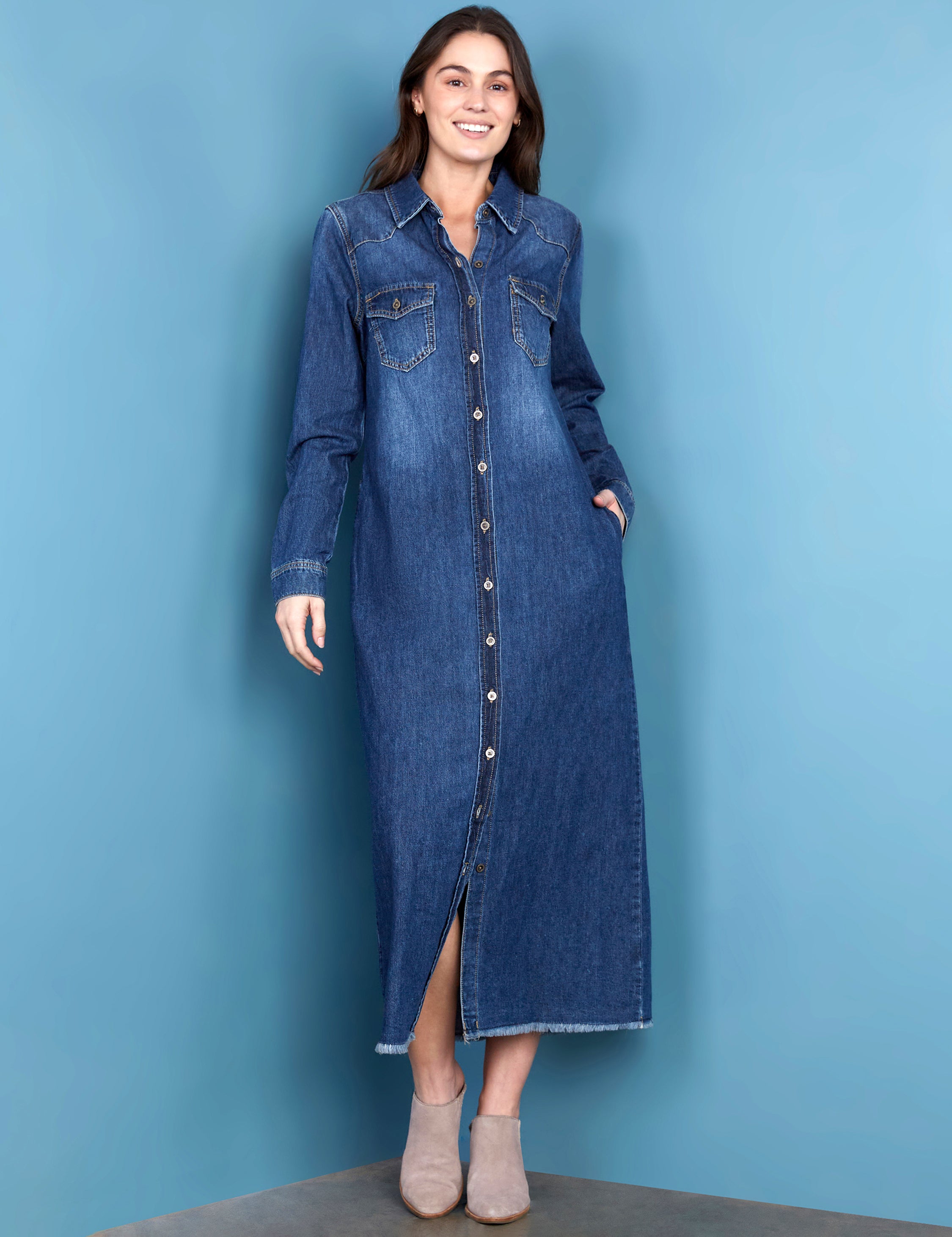 Womens Denim Maxi Shirtdress Wash Lab Malibu Blue / S Womens Denim Maxi Shirtdress Wash Lab Malibu Blue / S