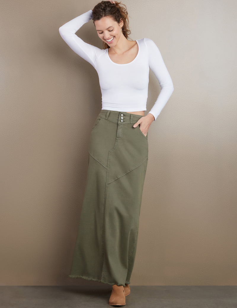 Women's Designer Classic Denim Maxi Skirt in Dusty Green