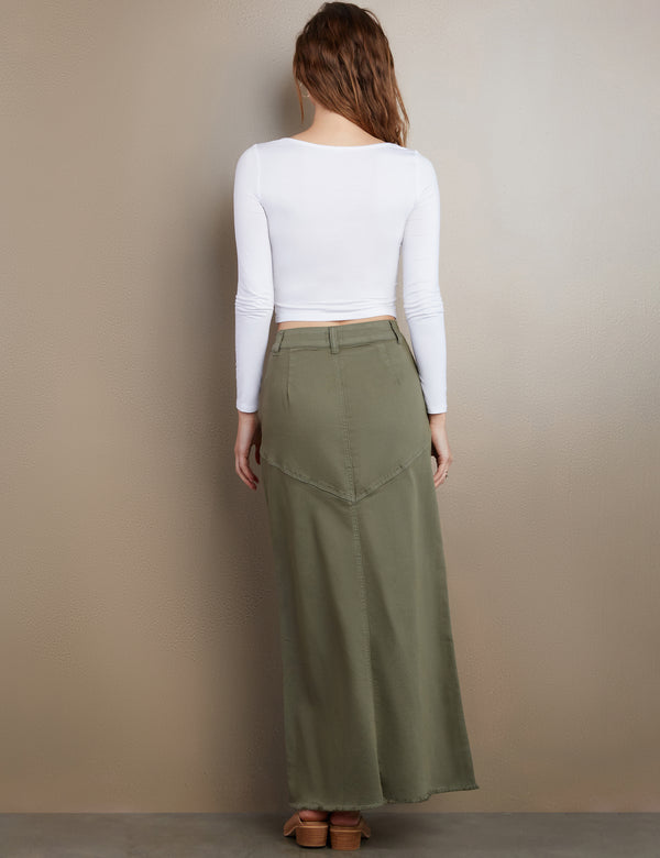 Women's Designer Classic Denim Maxi Skirt in Dusty Green