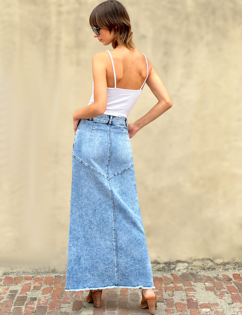 Pieced Denim Maxi Skirt in Pacific Blue Back View