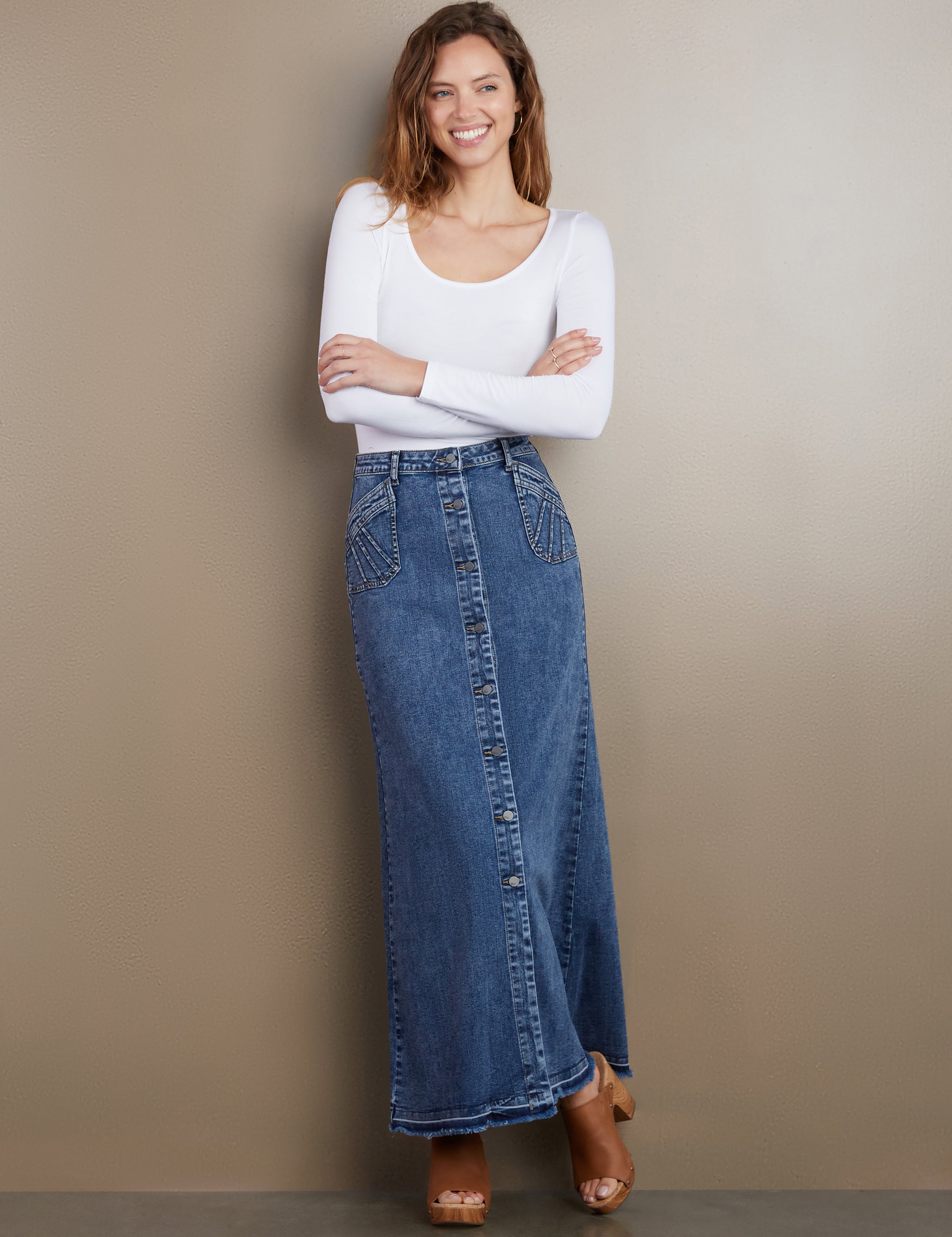 Women's Royal Button Front Denim Maxi Skirt – Billy T – billytshop