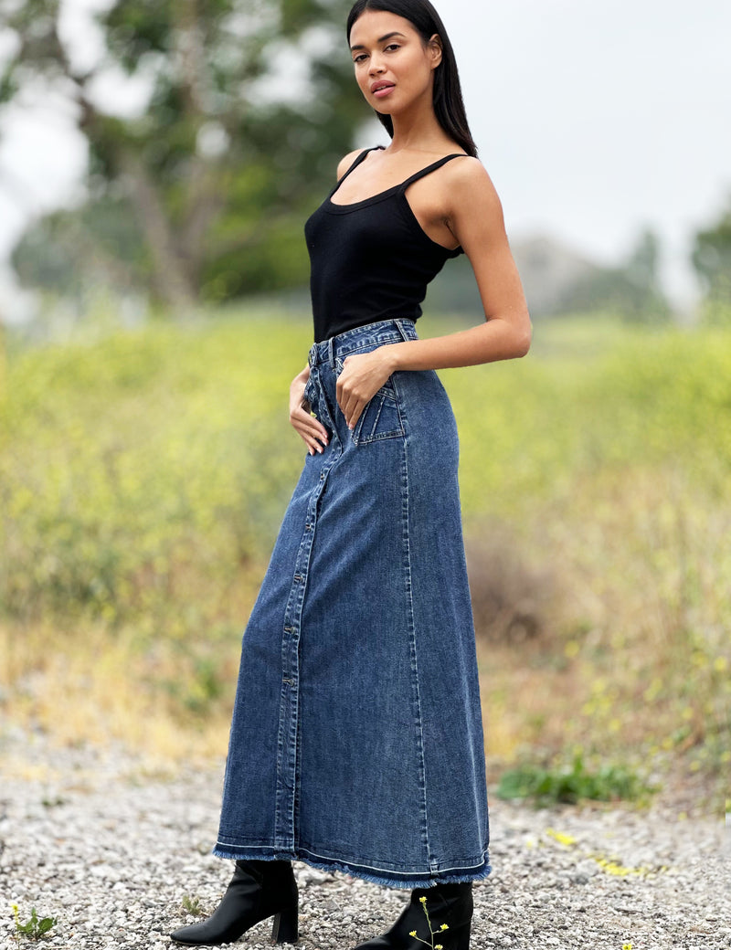 Royal Denim Maxi Skirt in Imperial Blue Side View