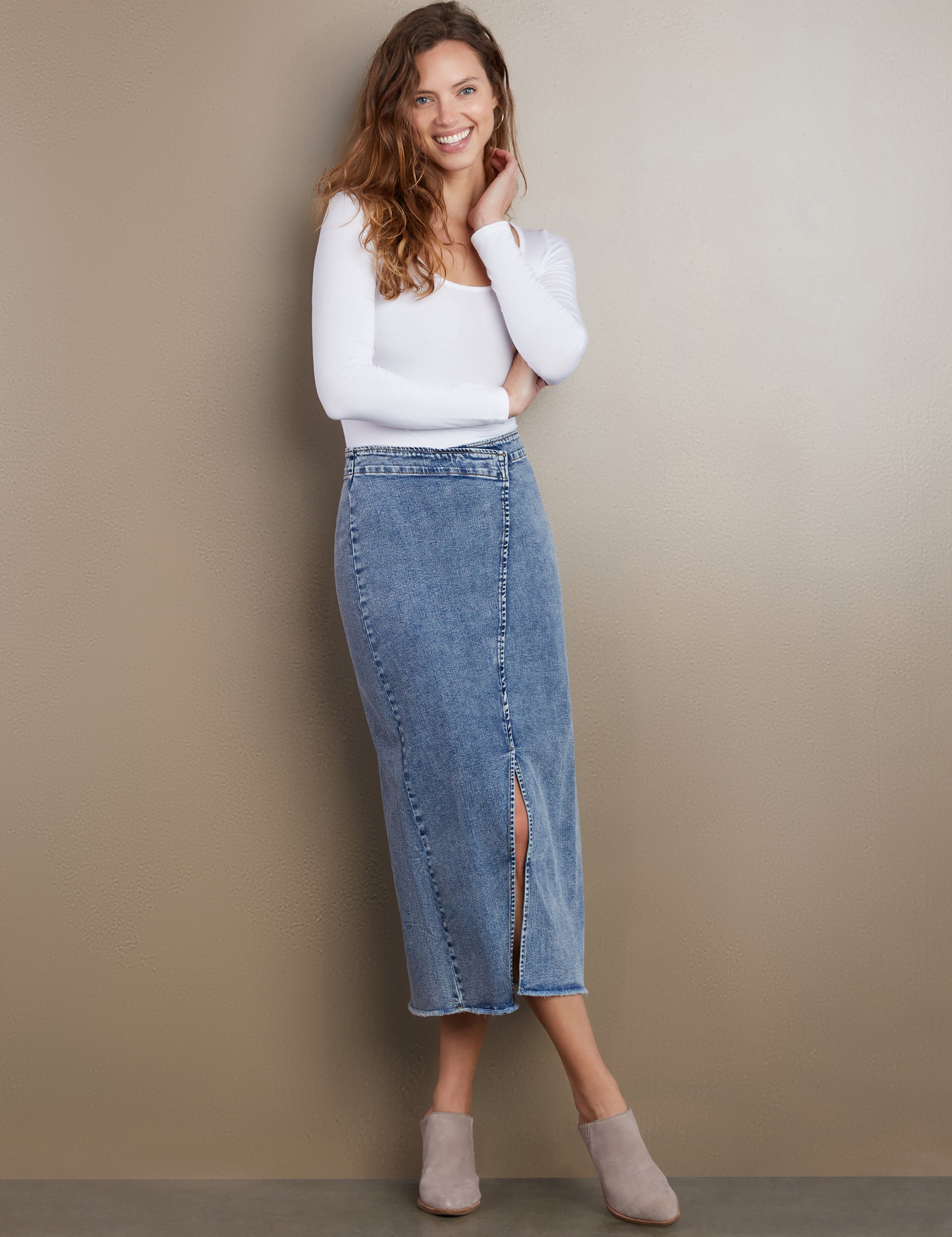 Women's Side Hustle Zip Back Denim Midi Skirt – Billy T – billytshop