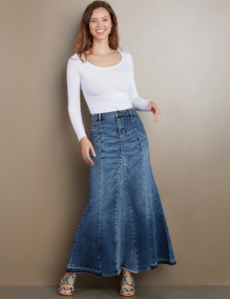 Women's Designer Flare Maxi Denim Skirt in Shine Blue