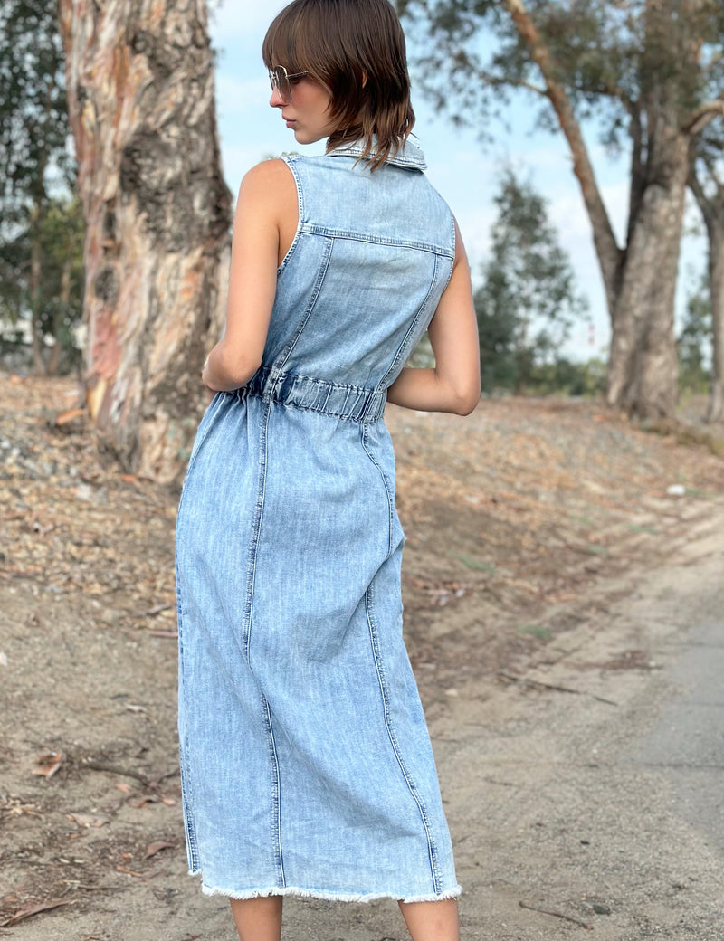 Women's Designer Denim Sleeveless Dress in Powder Blue