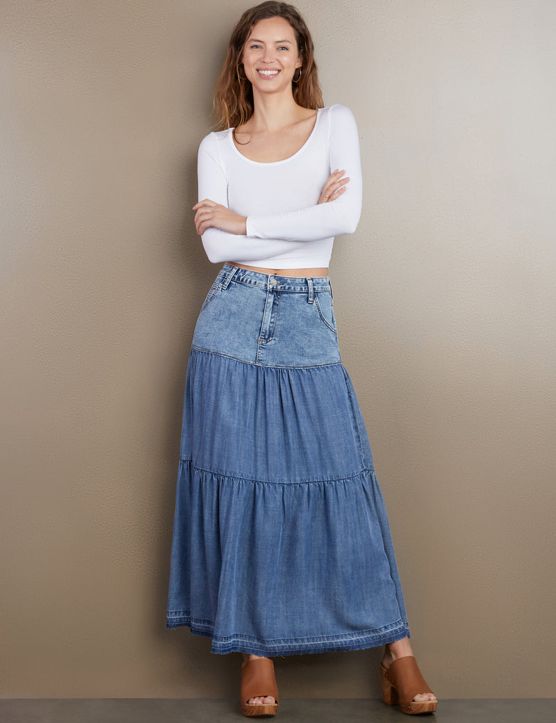 Women's Designer Mixed Denim Maxi Skirt