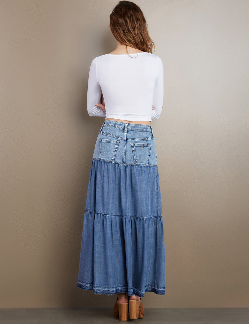 Women's Designer Mixed Denim Maxi Skirt