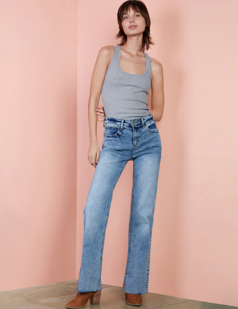 Olivia High Rise Flares in Sea Blue Front View