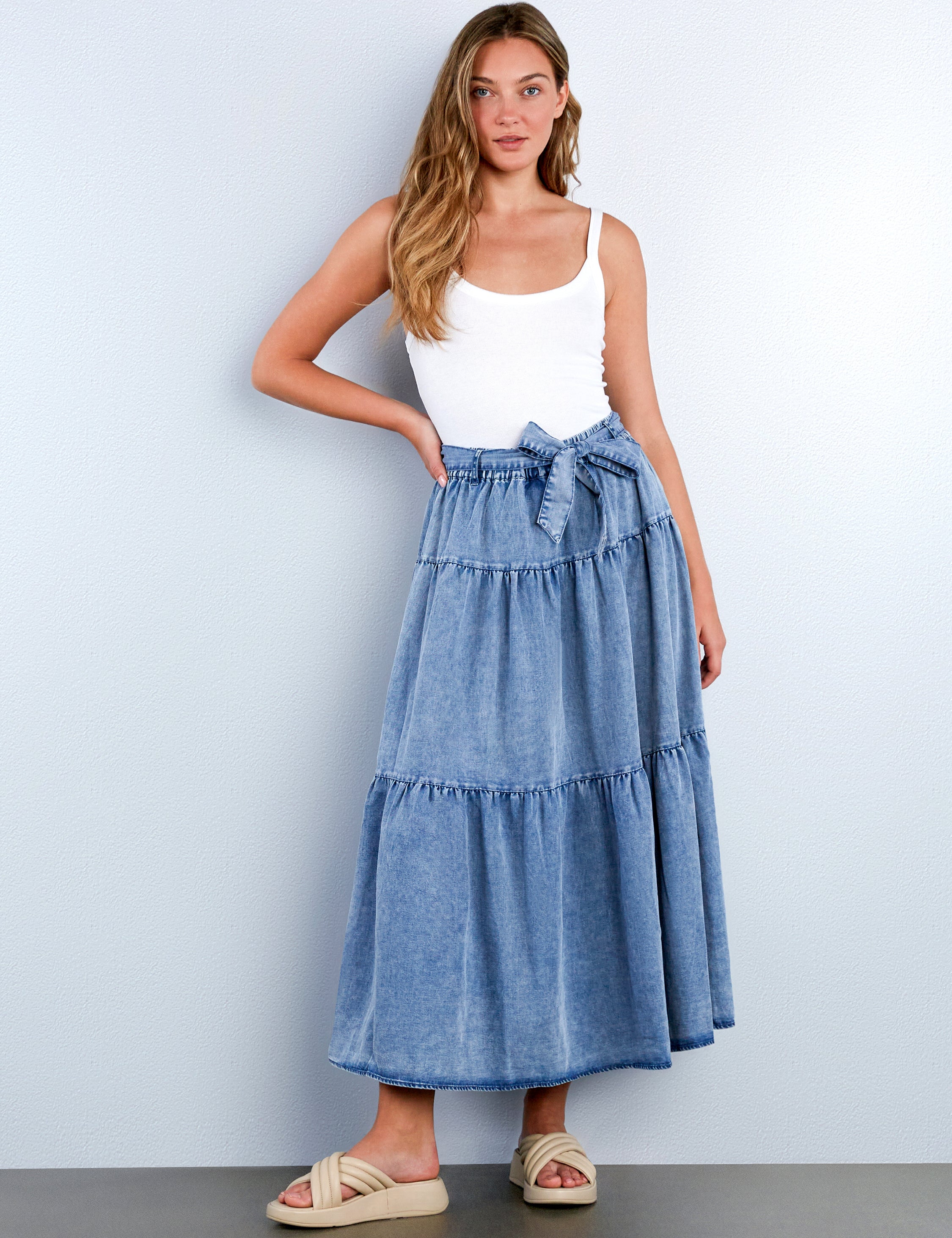 【L'Appartement】 TIERED SKIRT Women's Tiered Self Tie-Waist Cotton Skirt – Billy T – billytshop