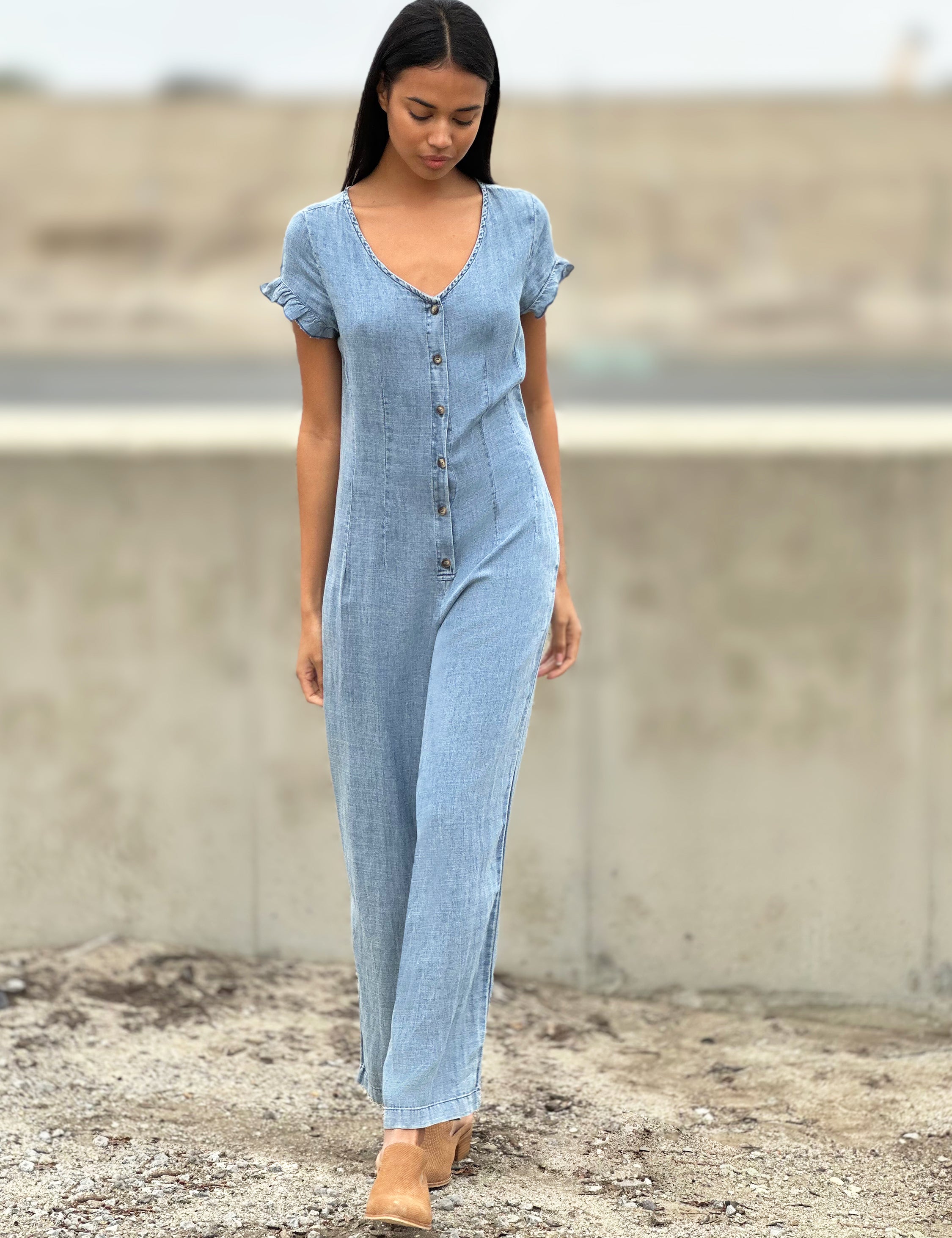 Women's Wide-Leg Denim Jumpsuit with Ruffles – Billy T – billytshop