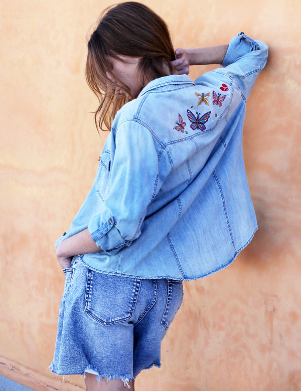 Butterfly Kiss Embroidered Button Up Denim Shirt Back View