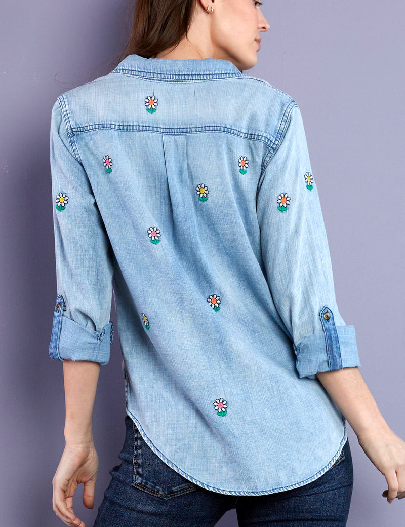 Flower Embroidery Denim Button Up Shirt Back View