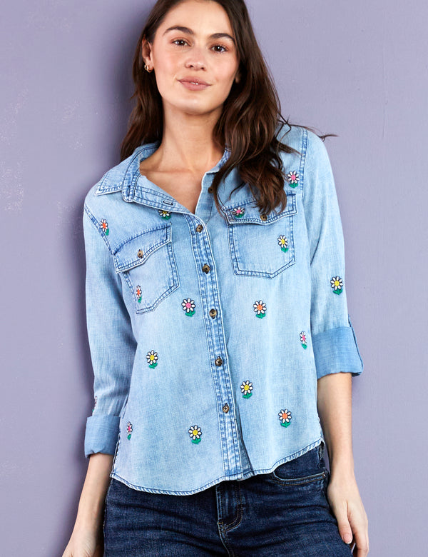 Flower Embroidery Denim Button Up Shirt Front View