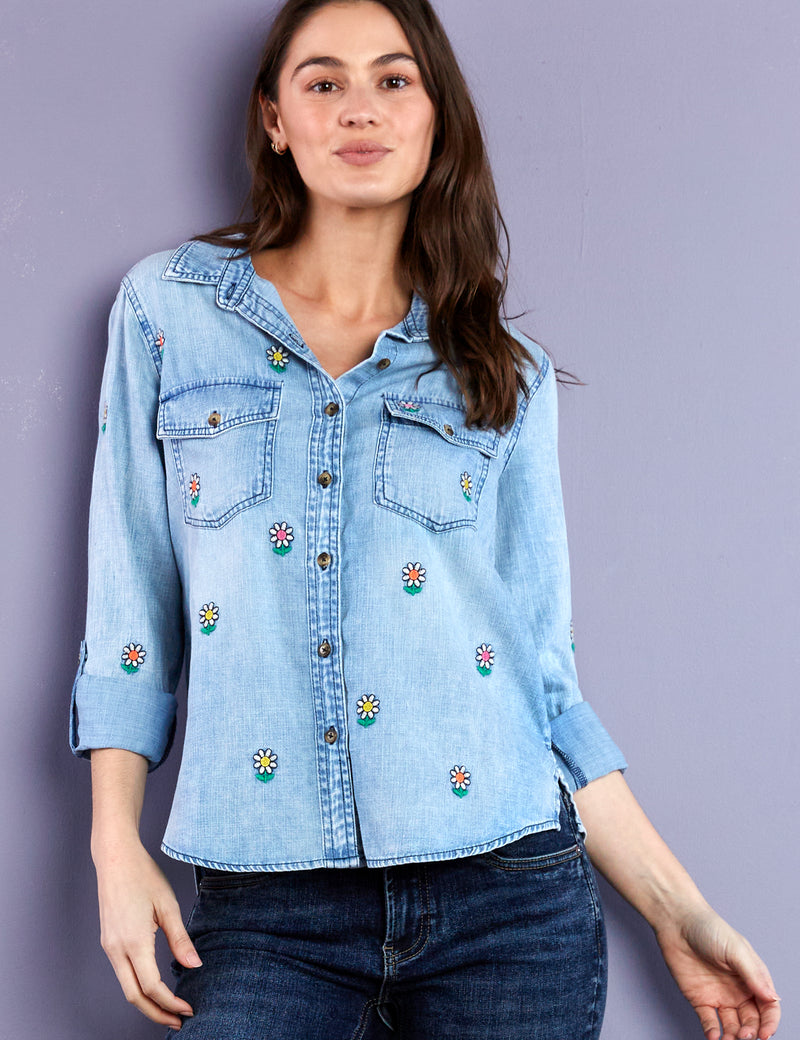 Flower Embroidery Denim Button Up Shirt Front View