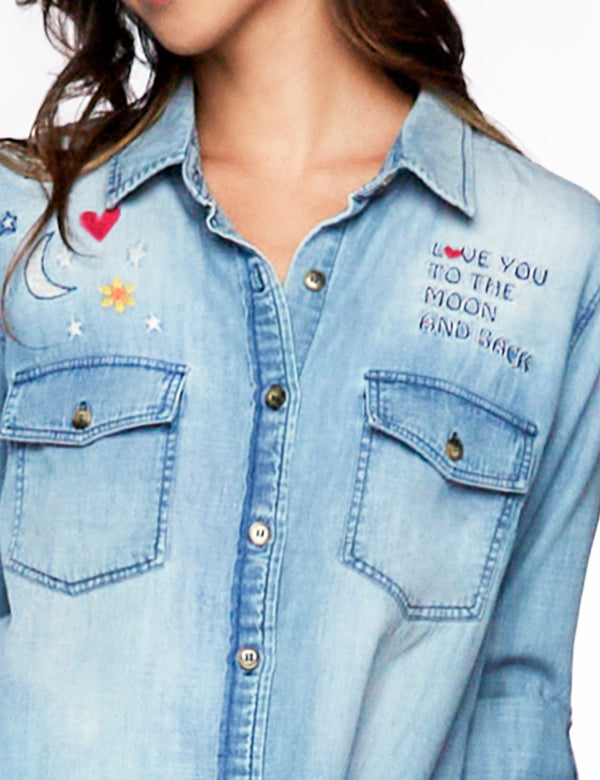 To The Moon and Back Embroidery Denim Shirt Front View Close Up