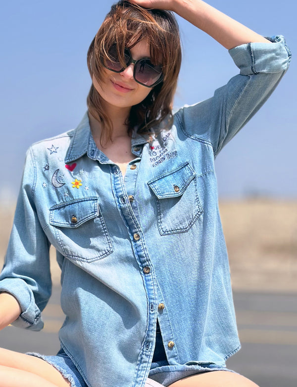 To The Moon and Back Embroidery Denim Shirt Front View