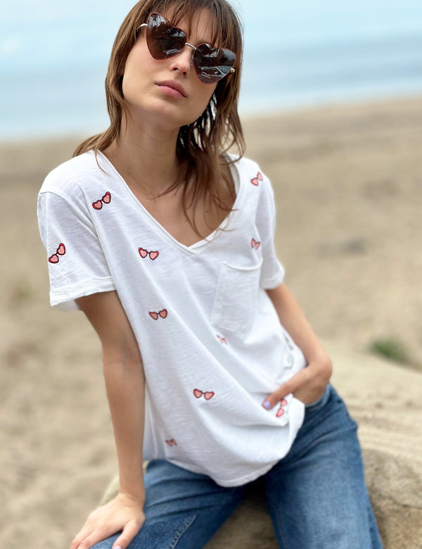 Sunglasses Embroidery White Short Sleeve Tee Front View