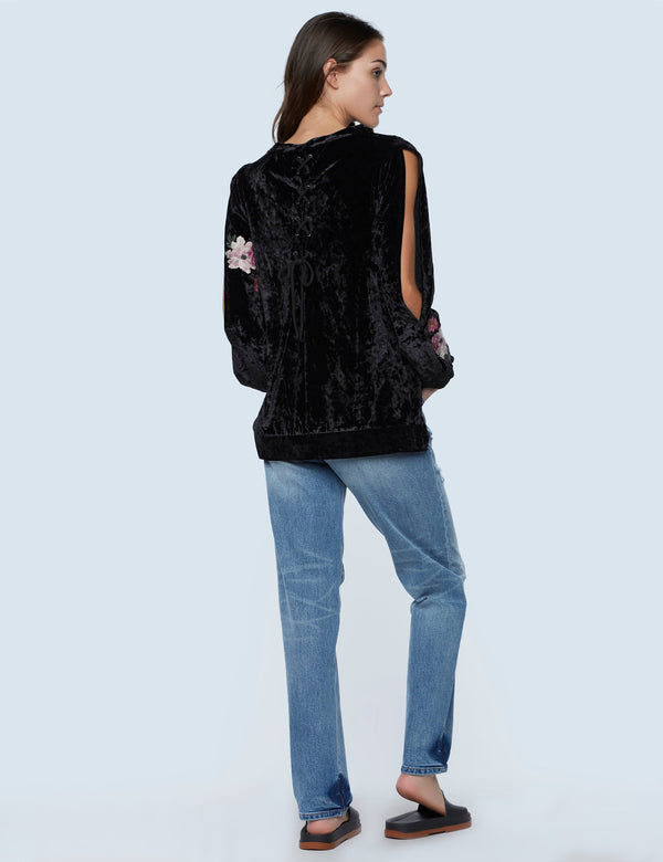 Cut It Out Long Sleeve Velvet Top in Black with Embroidery Back View