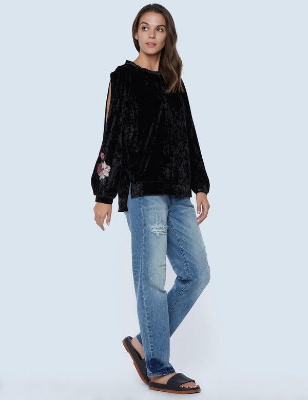 Cut It Out Long Sleeve Velvet Top in Black with Embroidery Front View