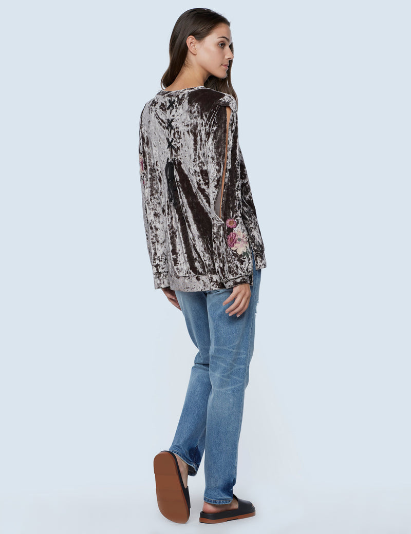 Cut It Out Velvet Sweatshirt with Floral Embroidery on Sleeve Back View