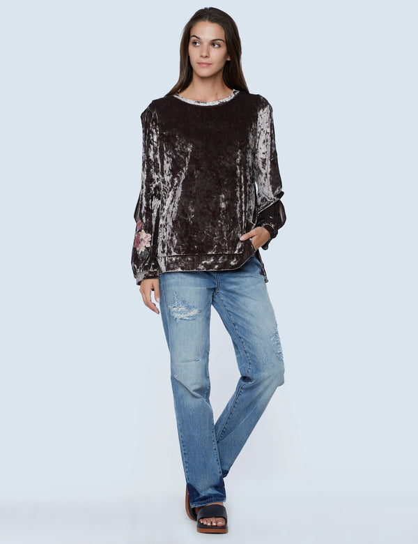 Cut It Out Velvet Sweatshirt with Floral Embroidery on Sleeve Front View