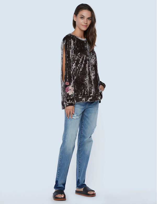 Cut It Out Velvet Sweatshirt with Floral Embroidery on Sleeve Side View