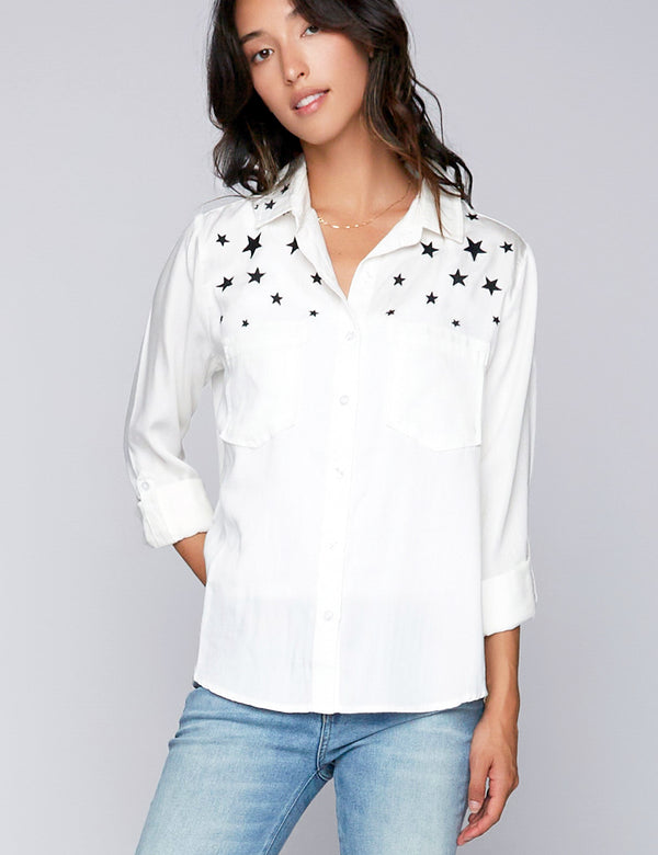 I Wish Star Embroidery Button Down Shirt in White Front View