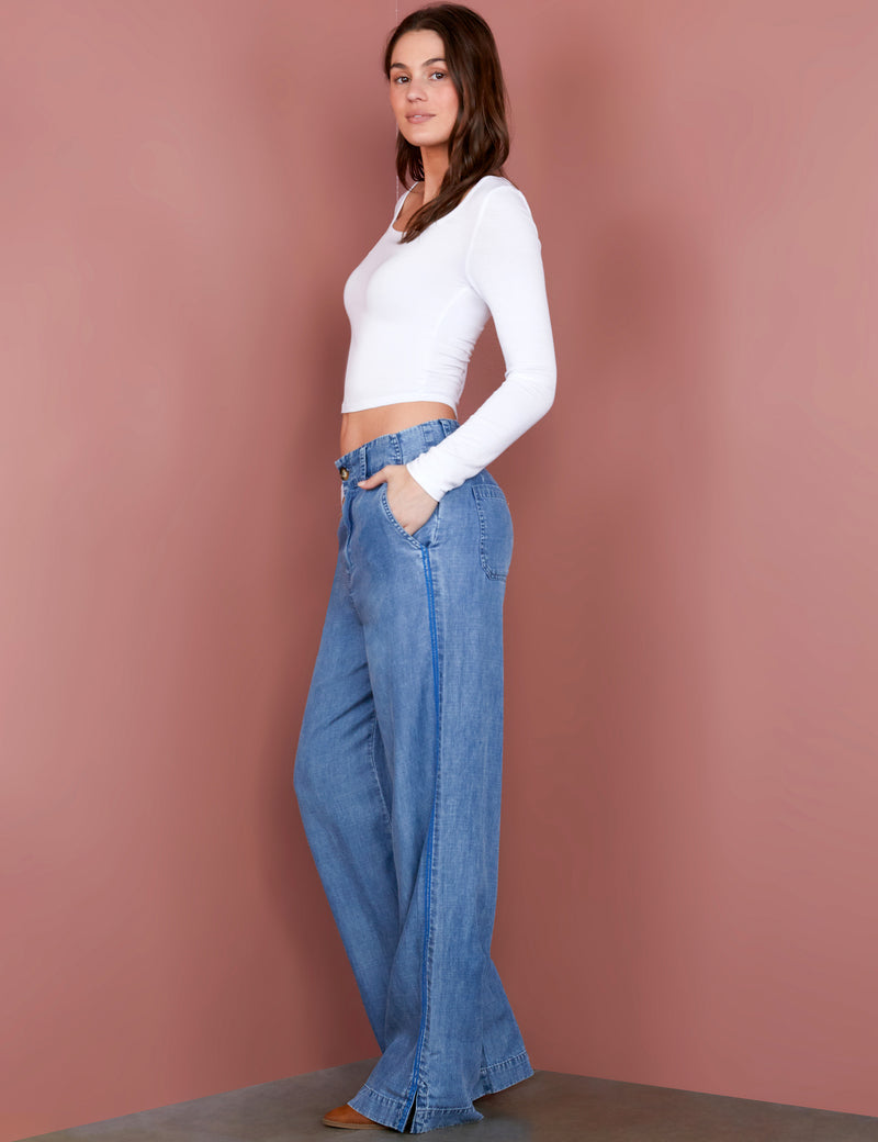 Women's Fashion Brand Denim Soft Pants with Lace Detail