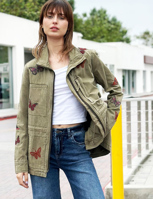 Women's Fashion Brand Army Anorak Jacket with Butterfly Embroidery