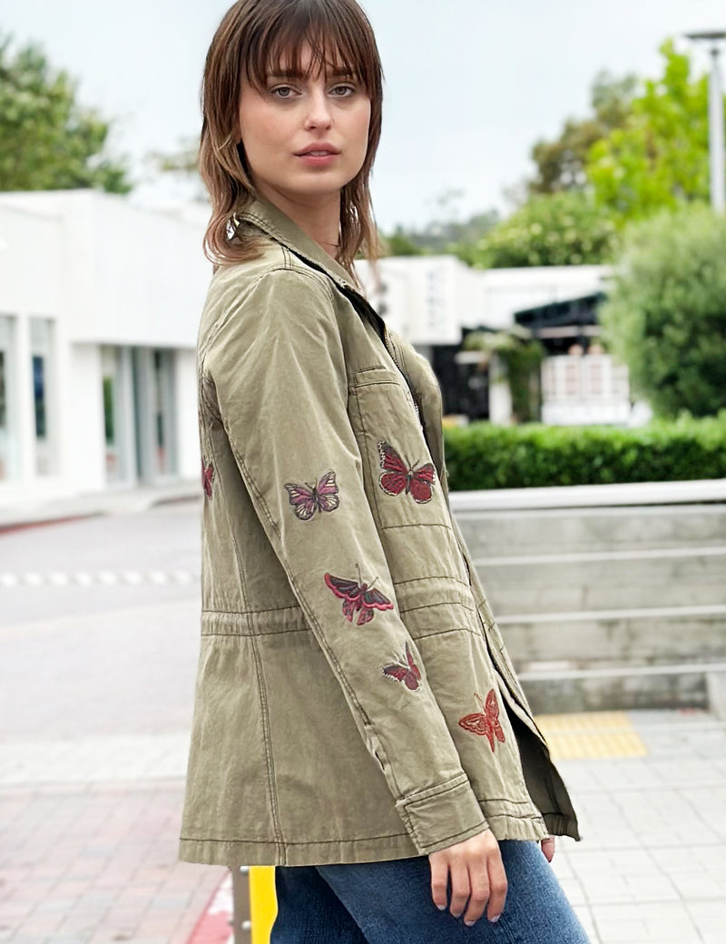 Women's Fashion Brand Army Anorak Jacket with Butterfly Embroidery