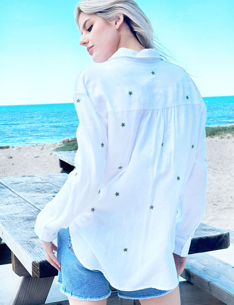 Women's Fashion Brand White Oversized Shirt with Star Embroidery