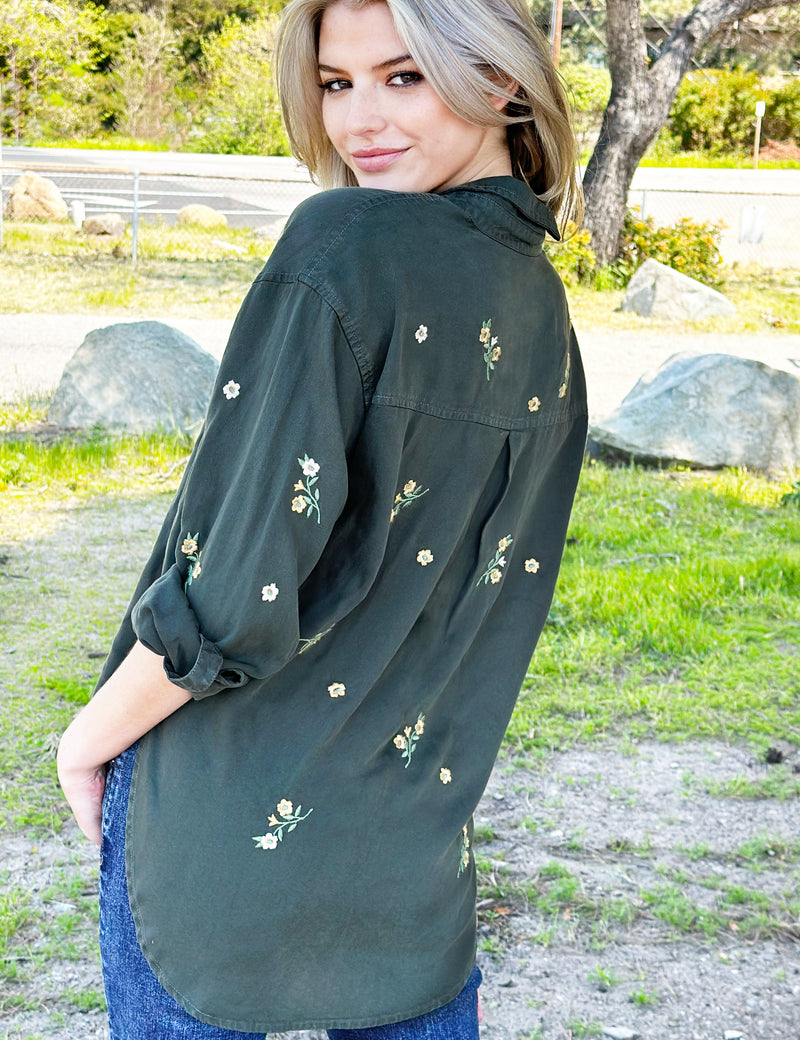 Women's Army Green Floral Embroidered Oversized Shirt