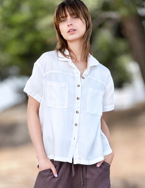 As Is Short Sleeve Button Down Shirt in White Front View