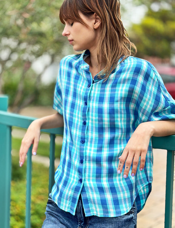 Women's Fashion Brand Bright Blue Plaid Shirt Front View Outdoor