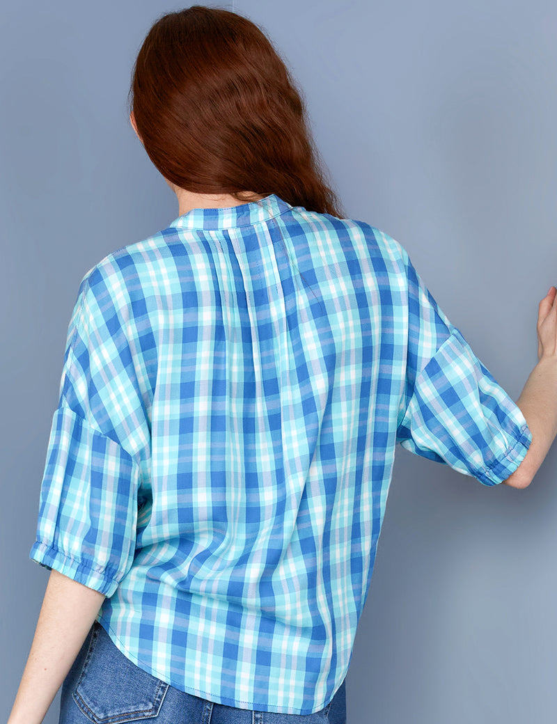 Women's Fashion Brand Bright Blue Plaid Shirt Back View